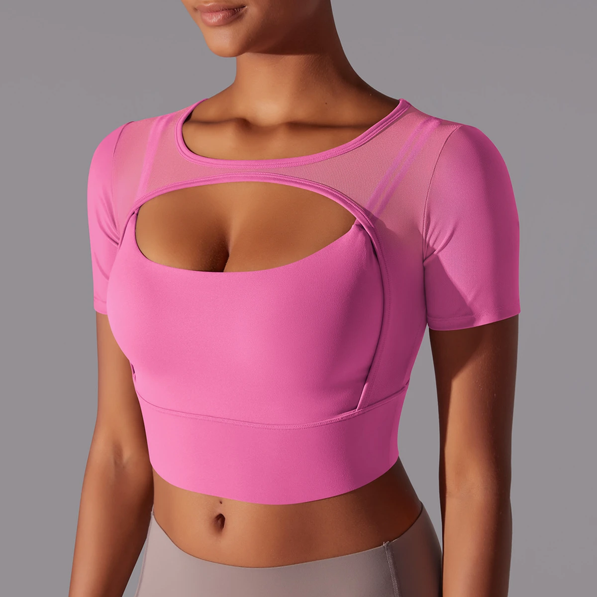 Solid Color Sexy Mesh Breathable Running Sports Yoga Short Sleeve Bra Running Fitness Yoga Top Woman