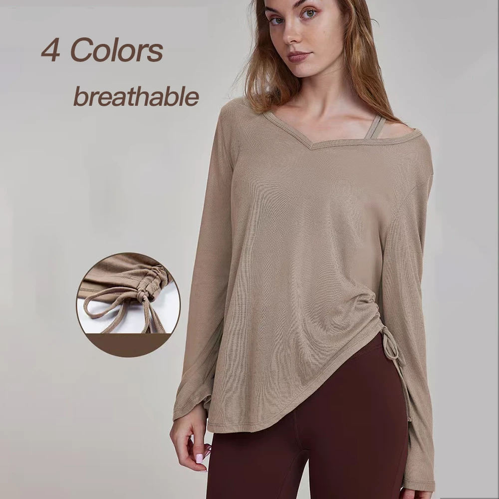 2026 Hot Selling Woman Loose Gym Fitness Yoga Wear Drawstring Pleated V-neck Hip-covering Long-sleeved Blouse