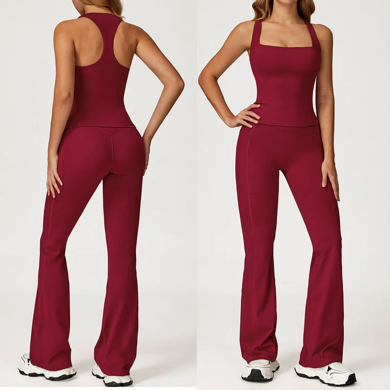 Women's Solid 2-Piece Yoga Set Soft Nylon/Spandex Seamless Breathable Lightweight V-Neck Bra High Waist Butt Lift Flare Pants