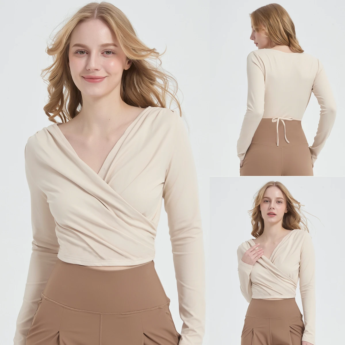 2026 Spring Women's Active Stretch Polyamide Seamless Yoga Top Sports Running Pilates Fitness Cross Long-sleeved V-neck