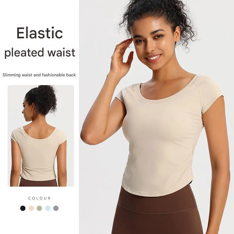 Women's Lightweight Breathable Gym Yoga Top Short Sleeves & Tight Fitting High Elasticity Draw String Design Sustainable Fashion