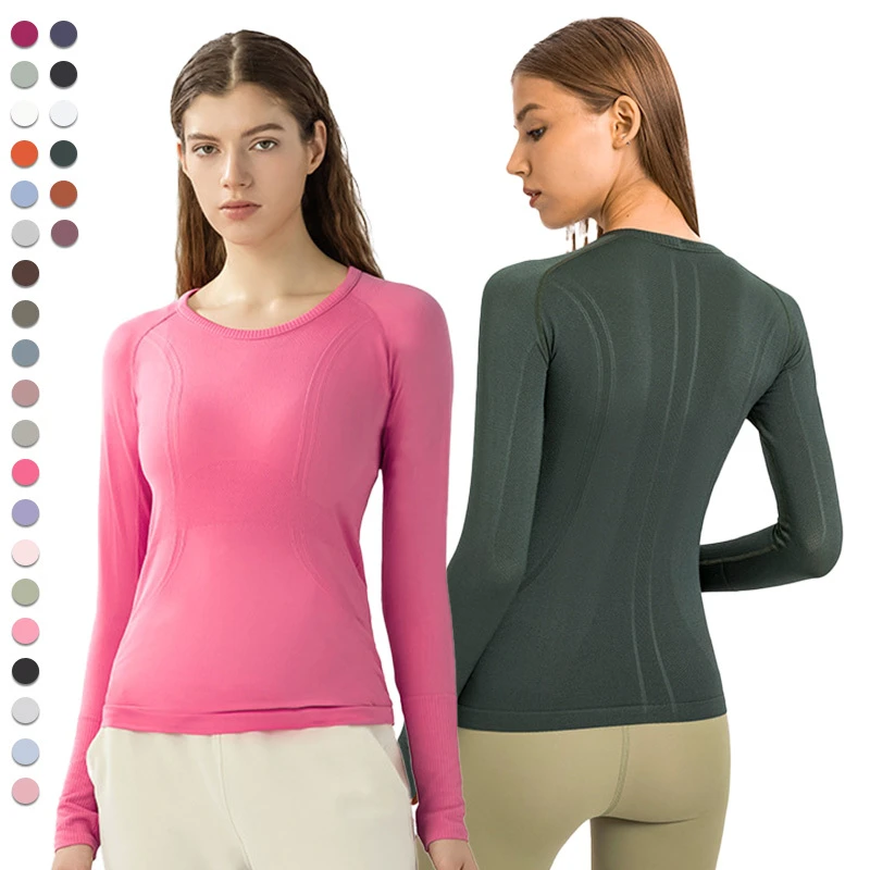 D19083 Seamless Long Sleeve Slim Fit Yoga Top Jacquard Breathable Basic Crew Neck Pullover Fitness T-shirts