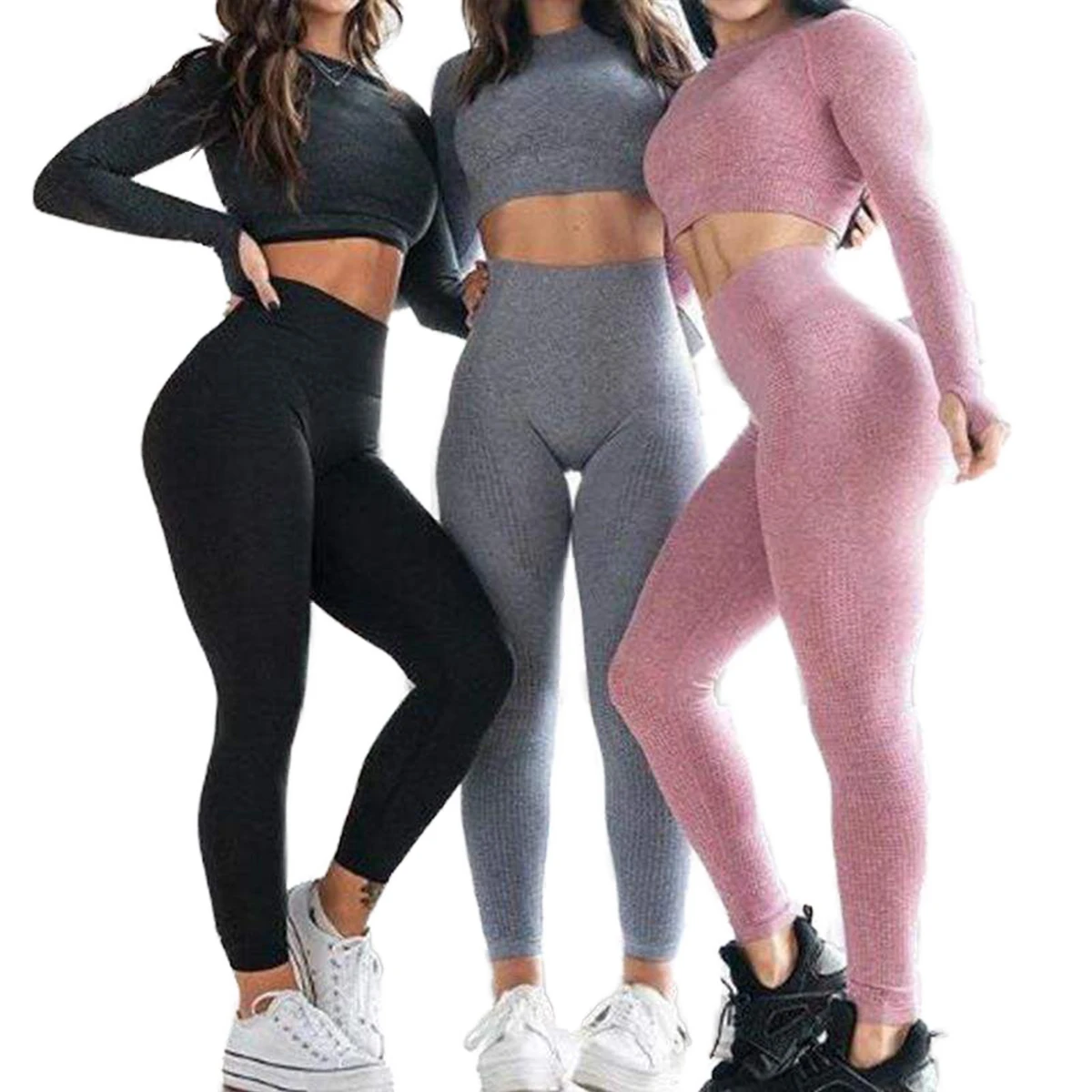 Most Popular Solid Anti-UV Training Womens Seamless Activewear Gym Clothing Long Sleeve Crop Top Yoga Set for Plus Size Women