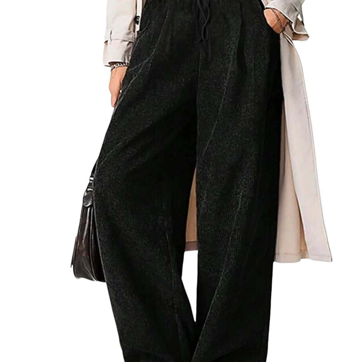 Women's Fashion High Waist Wide Leg Pants Plus Size Casual Style Solid Color Corduroy with Drawstring Design for Autumn Season