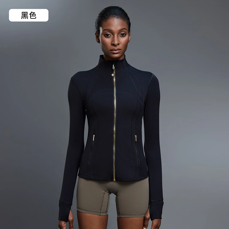 Women's Gold Zipper Yoga Top with Windproof Stand Collar Fitness Jacket for Running Sports Long Sleeved Stretch Tight Top