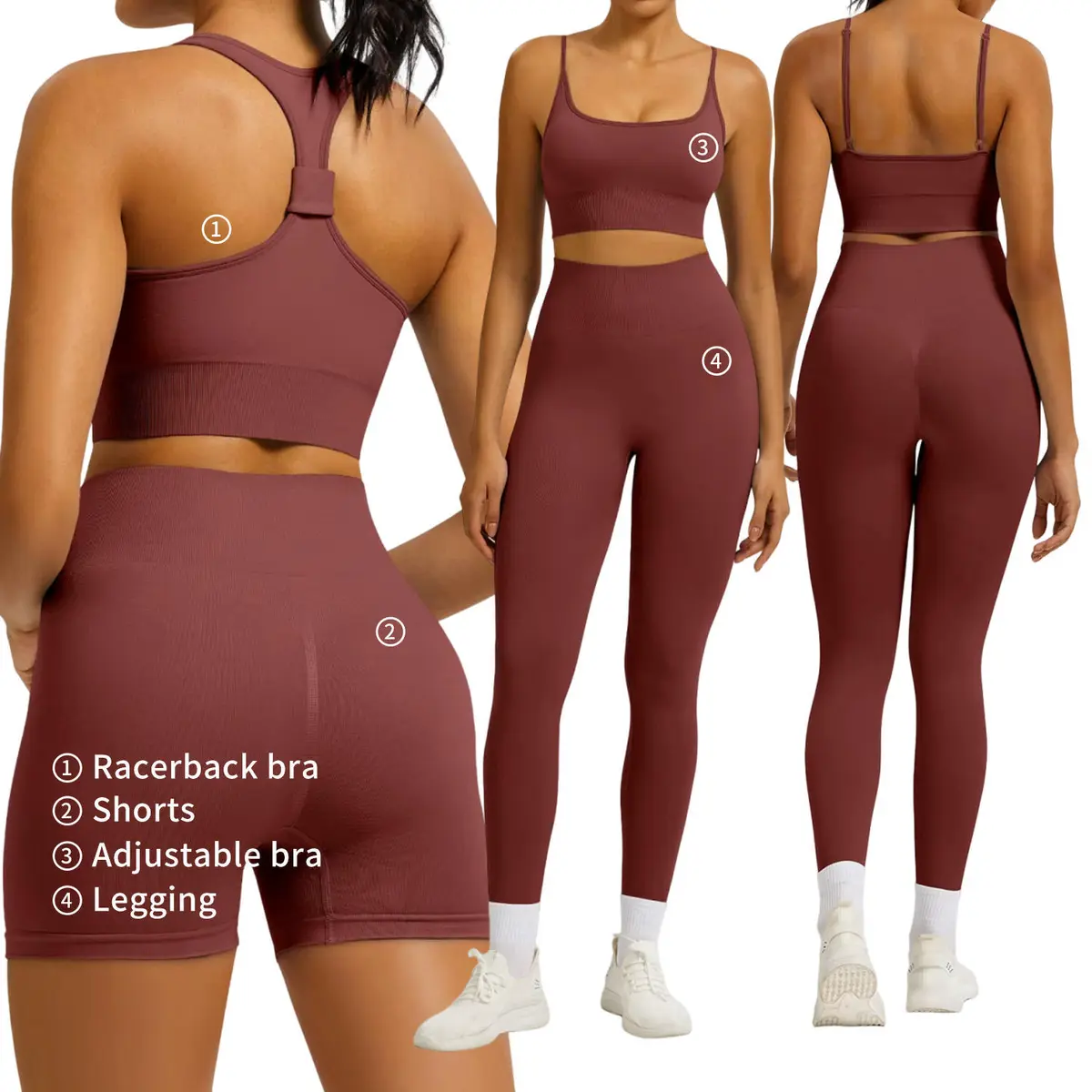 Custom High Quality 5 Piece Gym Set Quick Drying Sports Fitness Top Leggings Solid Color Running Workout Push up Tight Yoga Sets
