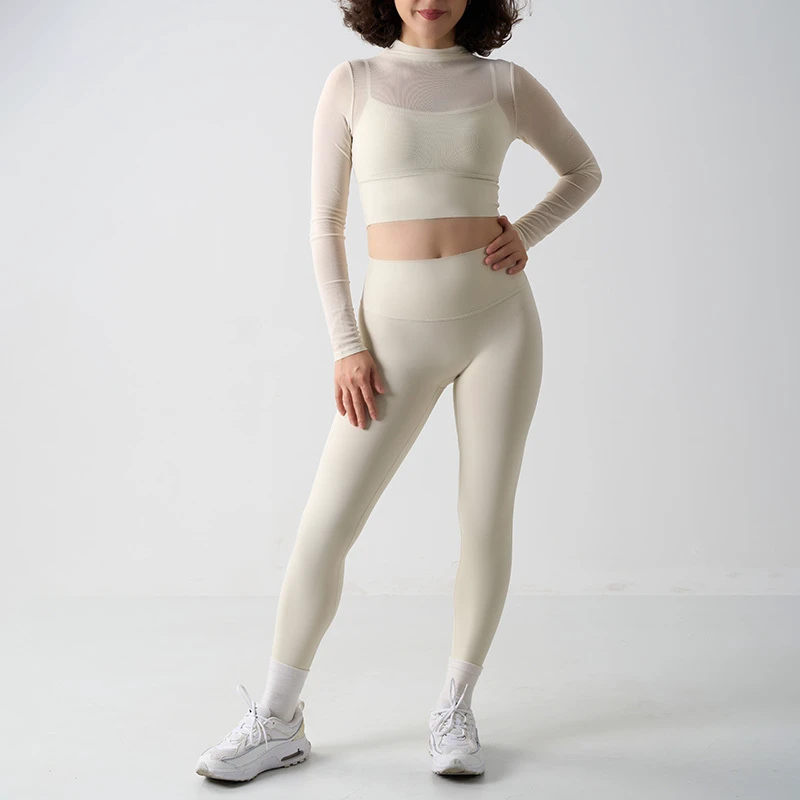 TZ1115 Women's Mesh Tops Long Sleeve T Shirts See Through Yoga Padded Crop Top and Legging Activewear Sets Gym Yoga Outfits