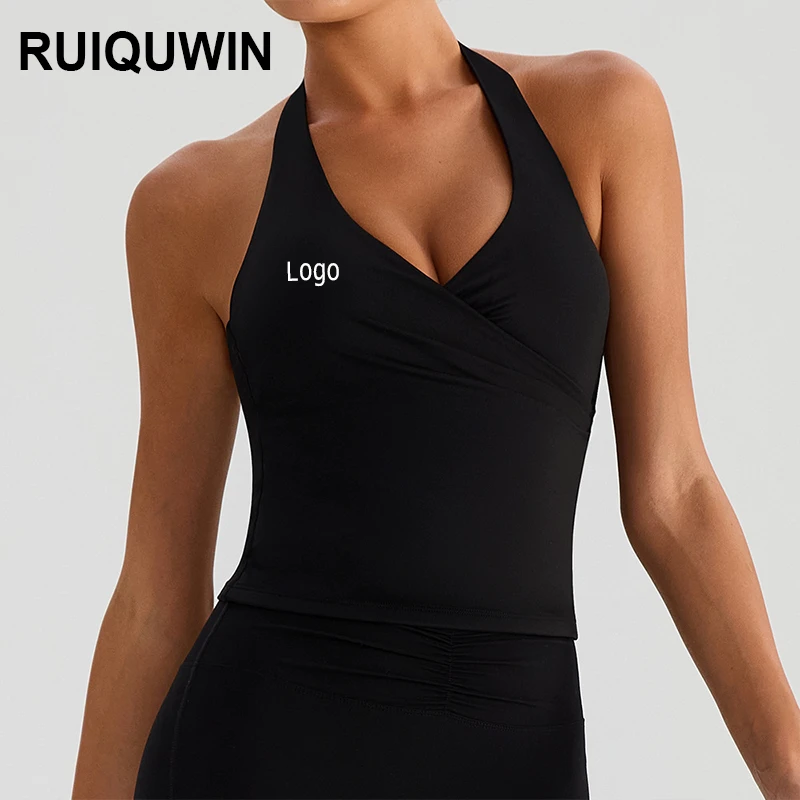 RUIQUWIN Custom Logo Women's High-Quality Yoga Tops Slim-Fit V-Neck Halter High-Stretch Sports Bras High-Support Running Vests