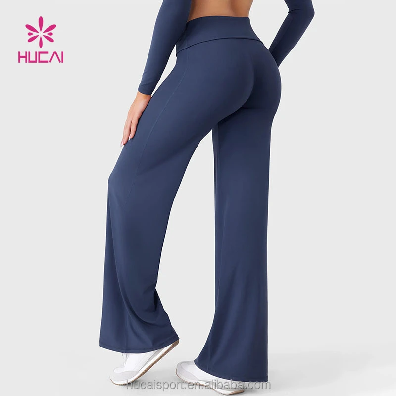 ODM HUCAI Custom High Waisted Workout Pilates Push Up Yoga Pants Women V-back Contour Sculpt Fold Over Straight Flare Leggings