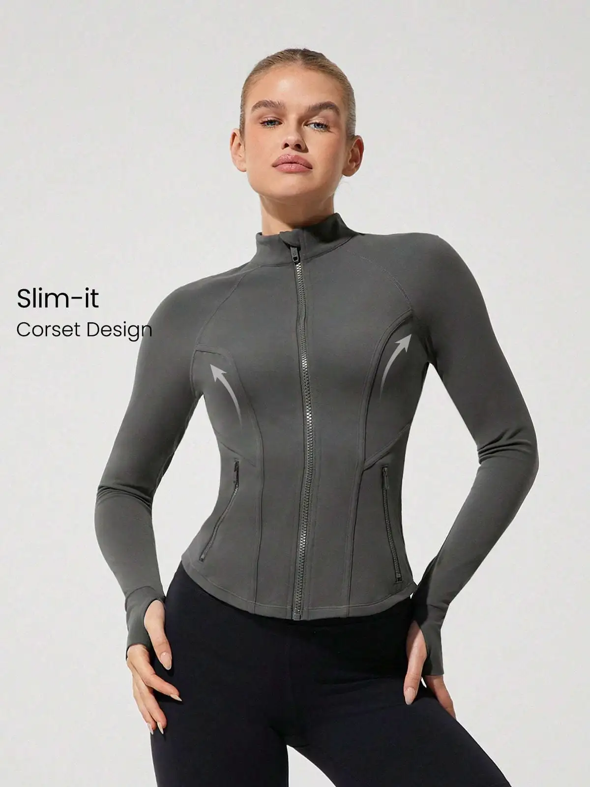 ODM Custom Logo Sweat-Wicking Stretchy Corset Seams Sculpted Slim Fit Jacket With Thumbholes Zipper Yoga Gym Sport Top For Women
