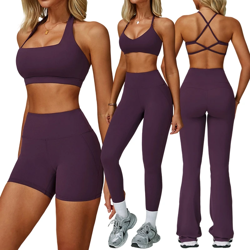 Ladies Breathable Fitness Sportswear Set Bra with Butt Lift High Waist Yoga Leggings Shorts 5-Piece Solid Pattern Yoga Wear