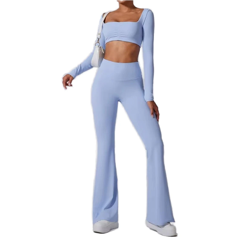 New Design Solid Long Sleeve 2-Piece Yoga Set Women's Fitness Sport Legging Outfit Quick Dry Spandex/Nylon Athleisure Wear