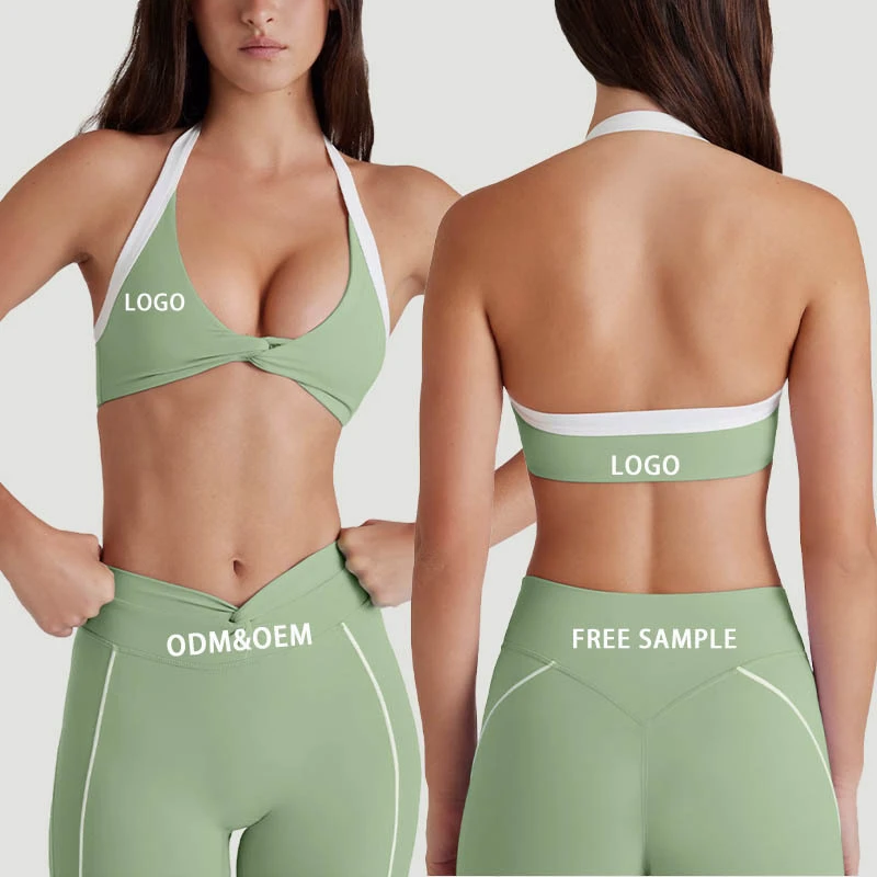 Custom Logo Gym Fitness Sets Active Wear Women Splice Style Hip-lifting Yoga Pant Twist Halter Sports Bra Workout Sets For Women