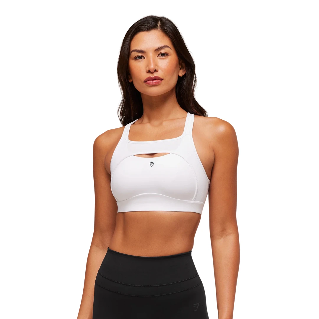 Custom Logo Women White High Support Running Bra Nylon Spandex Racerback Athletic Yoga Top Padded Gym Fitness Workout Wear