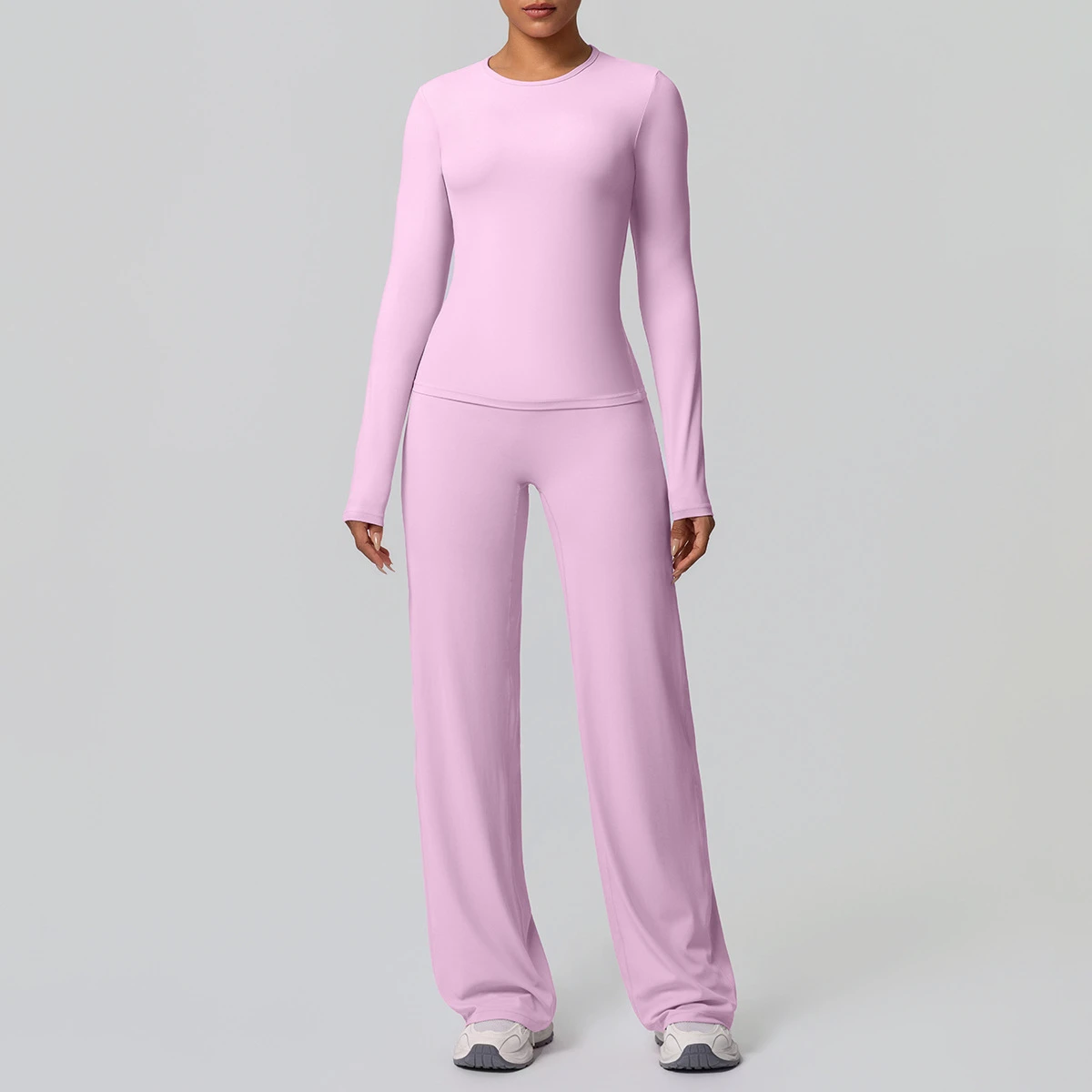 TongJoes Cross-border Double-sided Brushed Breathable for Solid Tight Training Long-sleeved Wide-leg Yoga Suit Two-piece Set
