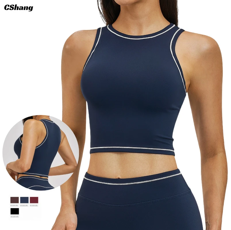 Custom Logo Activewear Sleeveless Padded Top for Women Sports High Elasticity Fitness Vest Round Neck Yoga Tank Top