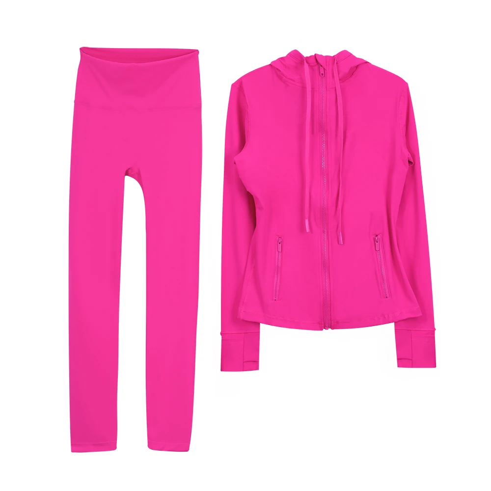 Custom 2026 Breathable Quick-Dry High-Stretch Solid-Colour Zip-Up Hooded Jacket + Bell-Bottom Trousers Yoga Set
