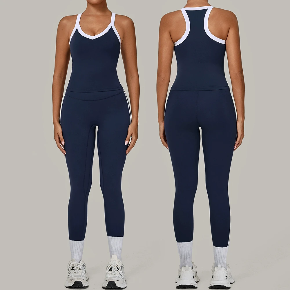 Wholesale S-XL Color Blocking Sports Set Women's Tight Fitting Nude Yoga Suit Outdoor Fitness Set