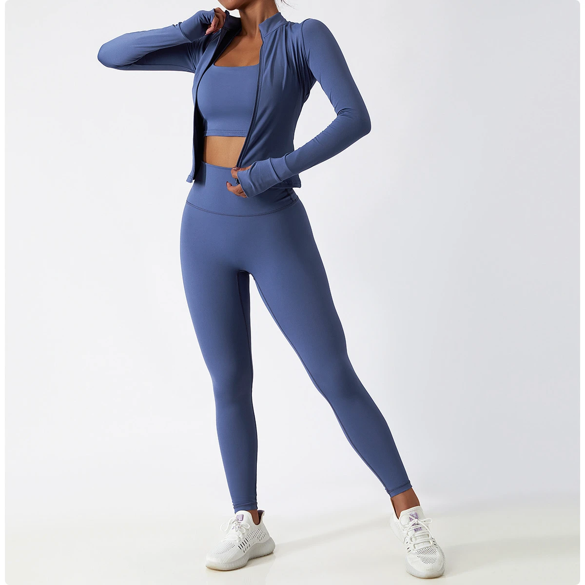 Wholesale Breathable High Support Women's Yoga Workout Sets 3 Pieces Spandex/Nylon Four-Way Stretch Quick-Dry Sports Bras Front
