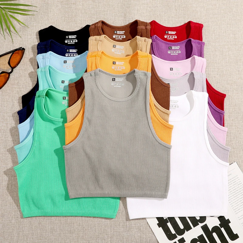 High Quality Custom Logo Women Solid Rib Sleeveless Vest Sport Gym Clothing Quick Drying Skin Friendly Yoga Tops