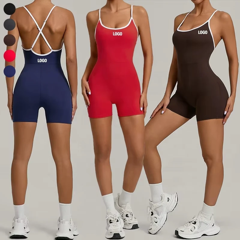 Women Color Blocking Sleeveless Cross Back Adjustable Straps Yoga Shorts Jumpsuit One Piece Workout Sports Bodysuit Romper