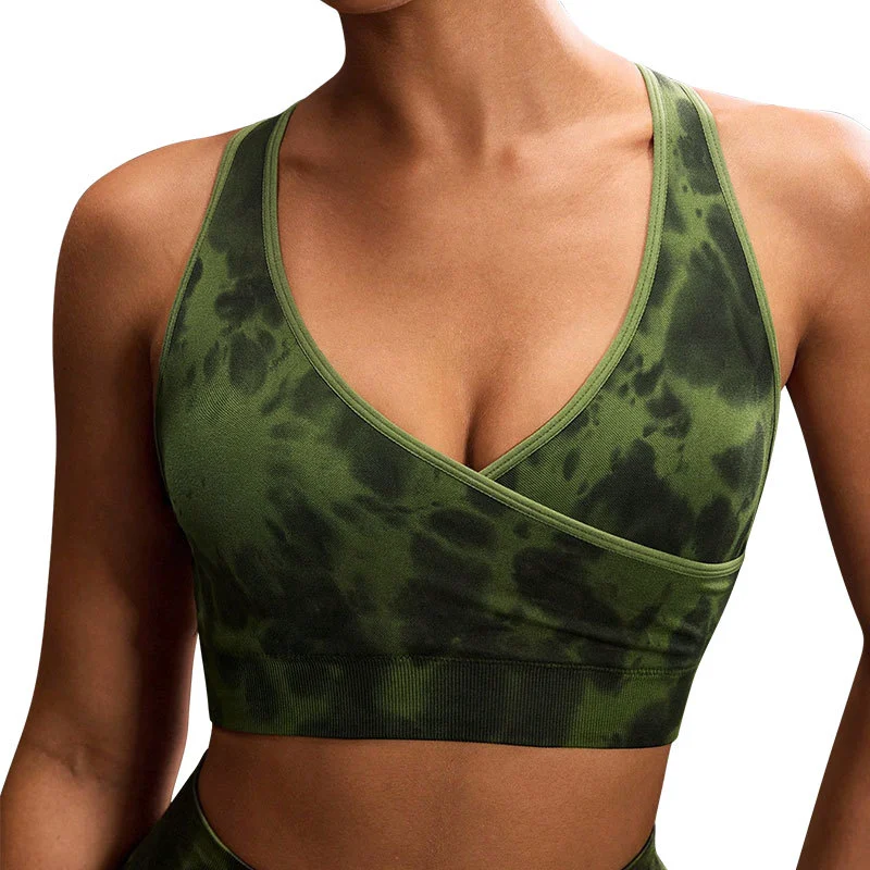 Customized Seamless Women's Yoga Bra Tie Dye V-Neck Beautiful Back High Elasticity High Support Lady Underwear for Workout