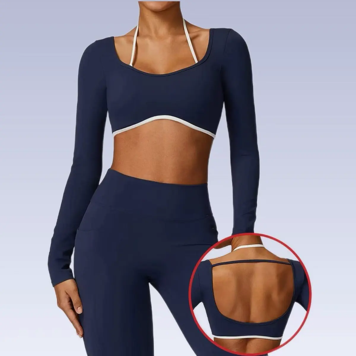 Women's Workout Gym Yoga Crop Tops Seamless Lightweight Breathable Halter Long Sleeve Backless Sports Bra with Padded T Shirts