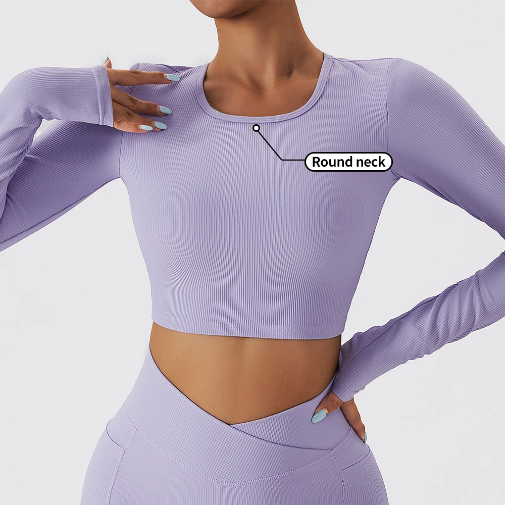 Custom Ribbed Soft Backless Breathable Long Sleeve Yoga Crop Top Sports Bra Long Sleeve Yoga Tops