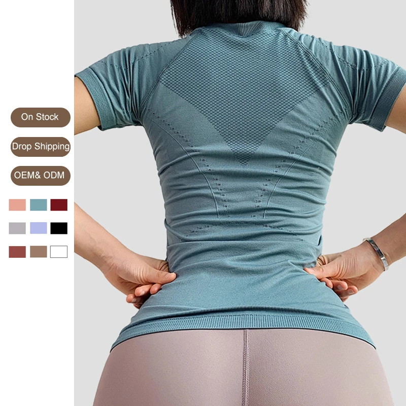 Custom Logo Fitness Wear Gym Sports Active Tops Sweat-Wicking Quick Drying Short Sleeve Womens Seamless Yoga T-Shirt