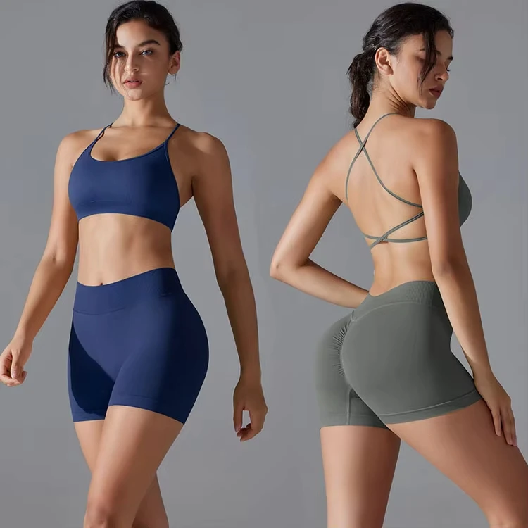 Yoga Set Beautiful Lightweight High Support Yoga Bra Shorts Set of 2 Pieces Seamless Cross Back 4-Way Stretch Sports Gym Clothes