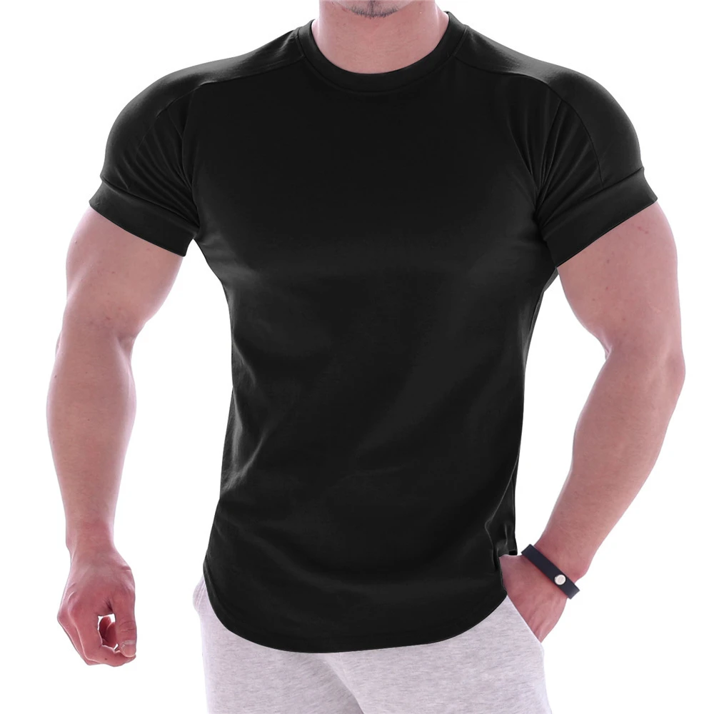 Wholesale OEM Men's Gym Workout T-Shirt Breathable Polyester Spandex Slim Fit Training Top Solid Color