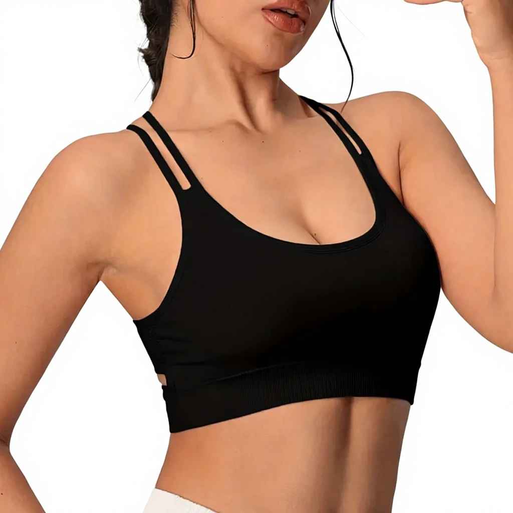 Women Solid Color Black Sports Bra Scoop Neck Crisscross Straps Medium Support Yoga Activewear Breathable Sports Bra