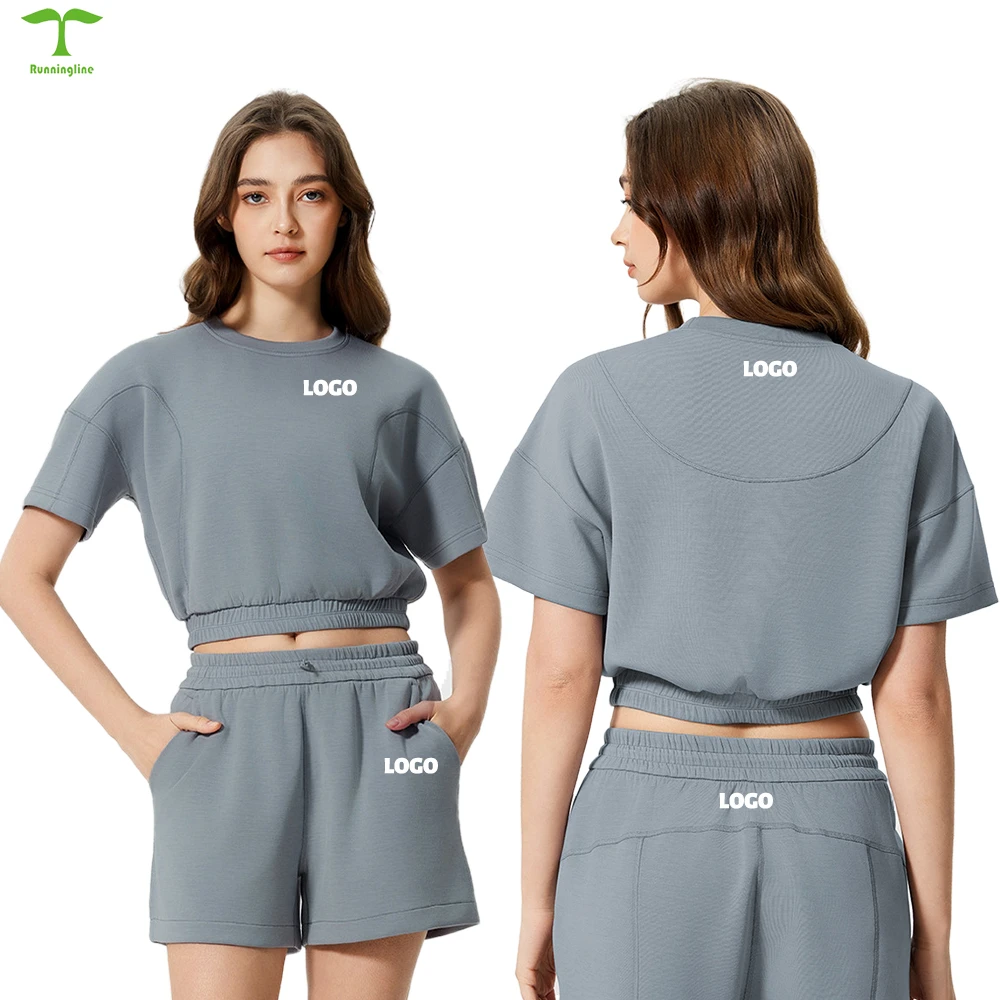 Customized loose wide leg breathable undershirt fitness short sleeve shorts suit two pieces yoga exercise suit