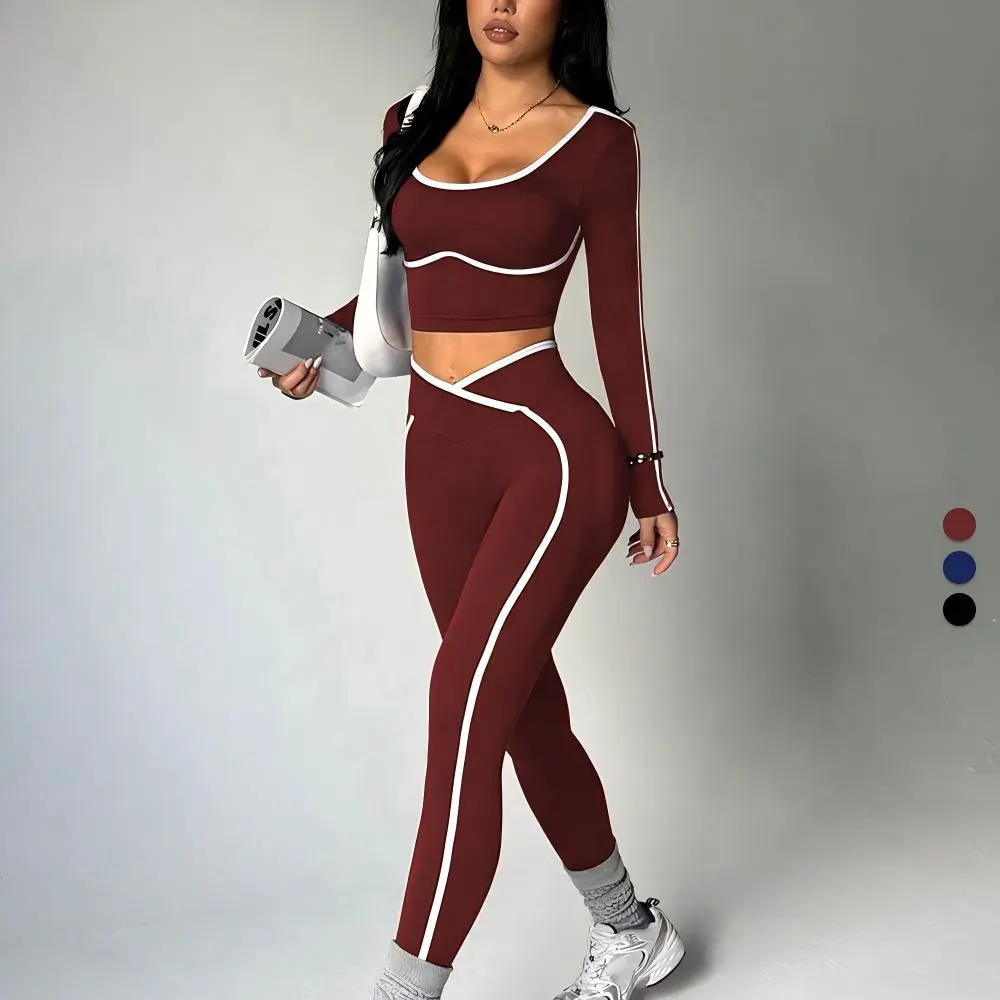 Color-blocking Sports Suit Women U-neck Long-sleeve Yoga Outfit Beautiful Back High-waisted Butt-lifting Fitness Two-piece Set