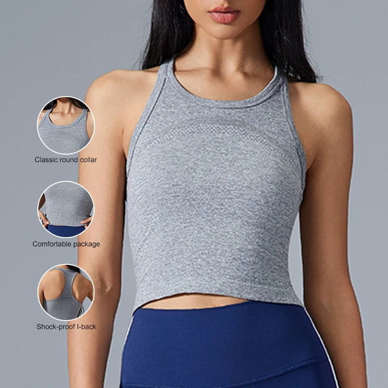 D25114 Round-Neck Sexy Sleeveless Breathable Yoga Vest Medium Support No Padding I-Back Running Gym Vest