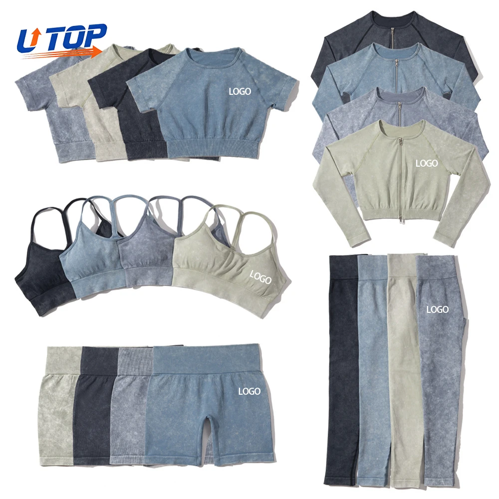Custom Women's Solid High Elastic Waist Breathable 5-Piece Yoga Sets Fitness Long Sleeve Gym Wear Jacket Bra Tank Top Front