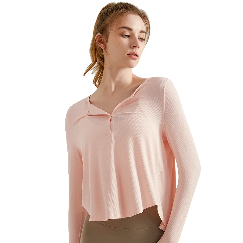 FH Fashion Yoga Clothing Top with Long Sleeves Loose Quick Drying Breathable Threaded for Running Fitness Yoga Cover for Women