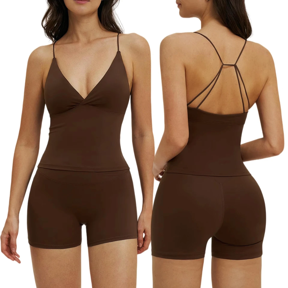 Women's Solid Color Lightweight Breathable Backless Crop Top Built-In Bra Sleeveless Yoga Shirt 2-Piece Set for Gym Fitness
