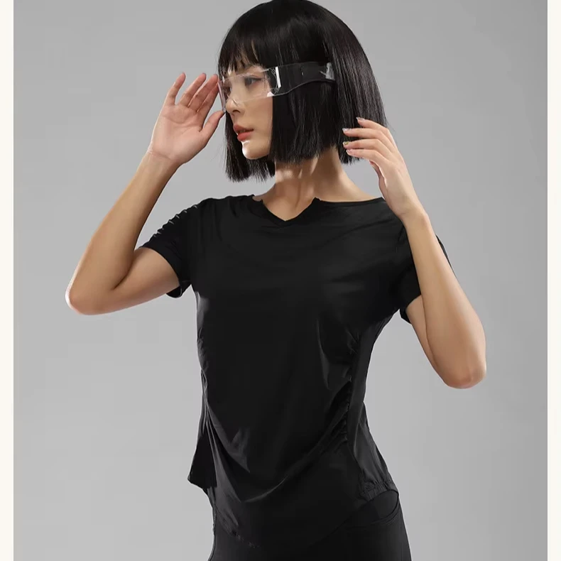 Women's Custom Logo Summer Casual Solid Loose Side Ruched V-Neck Short Sleeve Yoga Gym Set Fitness Sport T-Shirt Soft Material