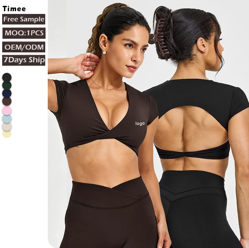 Hot Sale Twist Detail V-Neck Workout T-Shirt Women Cutout Backless Quick Dry Yoga Crop Top for Gym Fitness Running Daily Casual