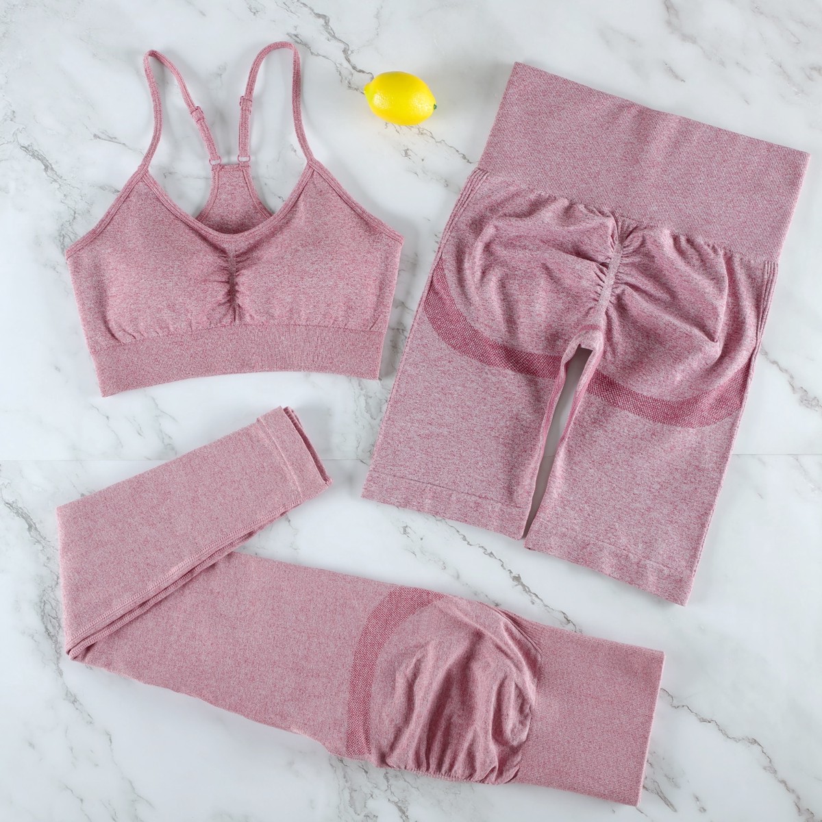 Women's Yoga Fitness 2-Piece Solid Elastic Waist Quick Dry Breathable Sports Suit for Spring Summer Morning Running