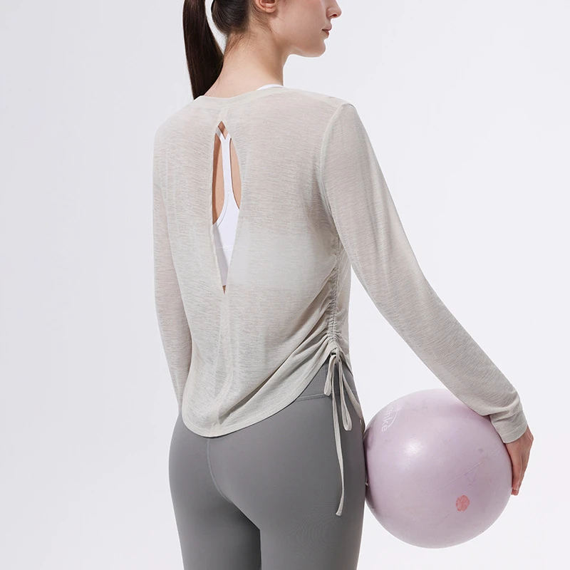 Micro-transparent Thin Back Hollow-out Breathable 100% Polyester Sunscreen Blouse Women's Lace-up Fitness Long-sleeved Yoga Top