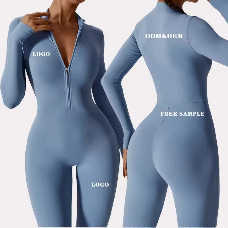 Factory Wholesale Sports Wear Workout Clothing Bodysuit Fashion Half Zip Design Yoga Jumpsuit One Piece Long Sleeve Gym Fitness