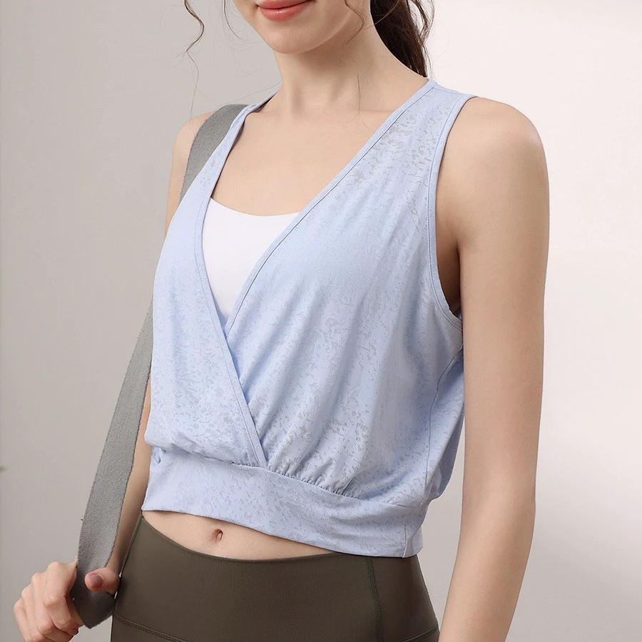 Spandex/Nylon Jacquard Breathable Solid Loose Fit Yoga Vest Blouse Women's Sleeveless Fitness Top Professional Pilates Training