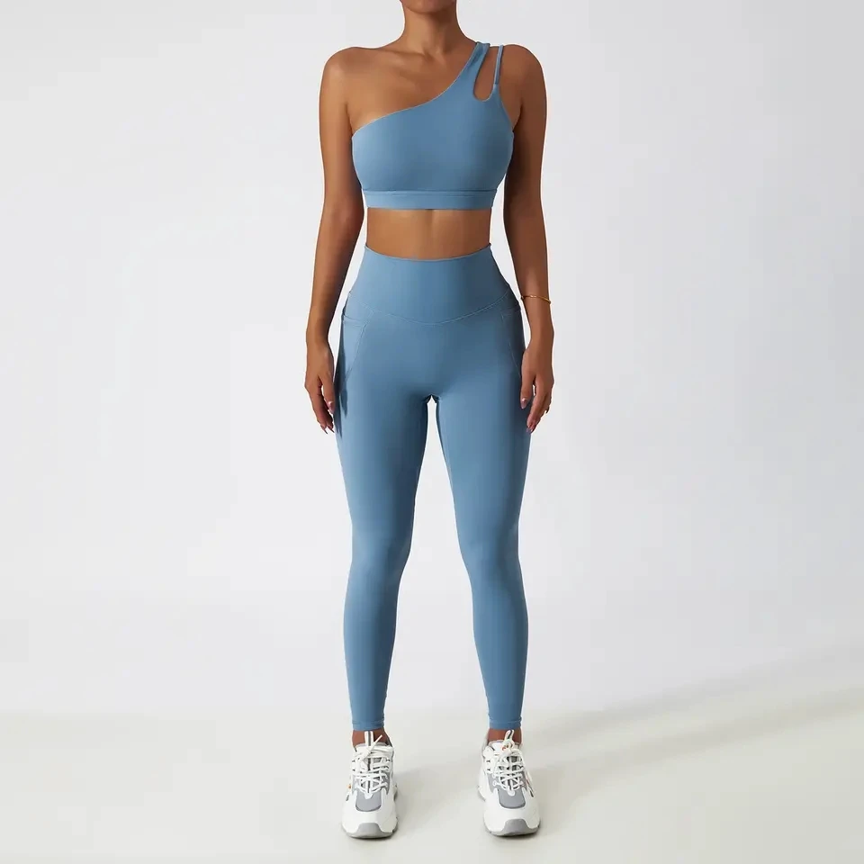TZ6425 Women Breathable Activewear 2 Pieces Set Widen Straps One Shoulder Sports Bra High Waist Pocket Workout Leggings
