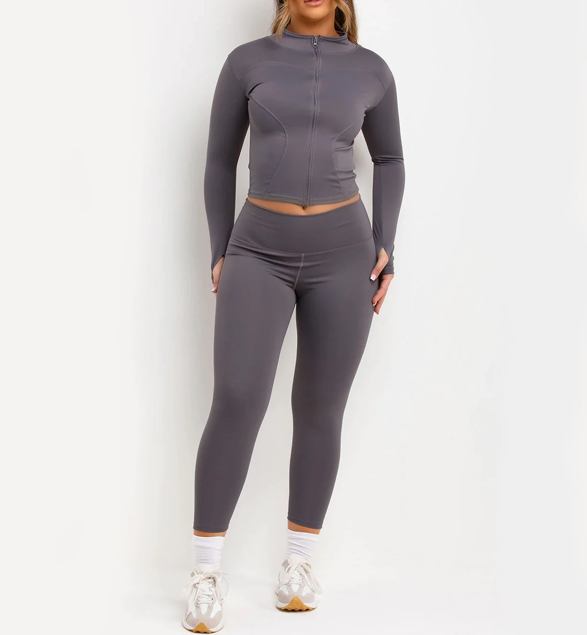 Beautiful Women's 2-Piece Gym Set long Sleeve Zipper Jacket and High-Waisted Leggings for Workout Yoga and Fitness Training