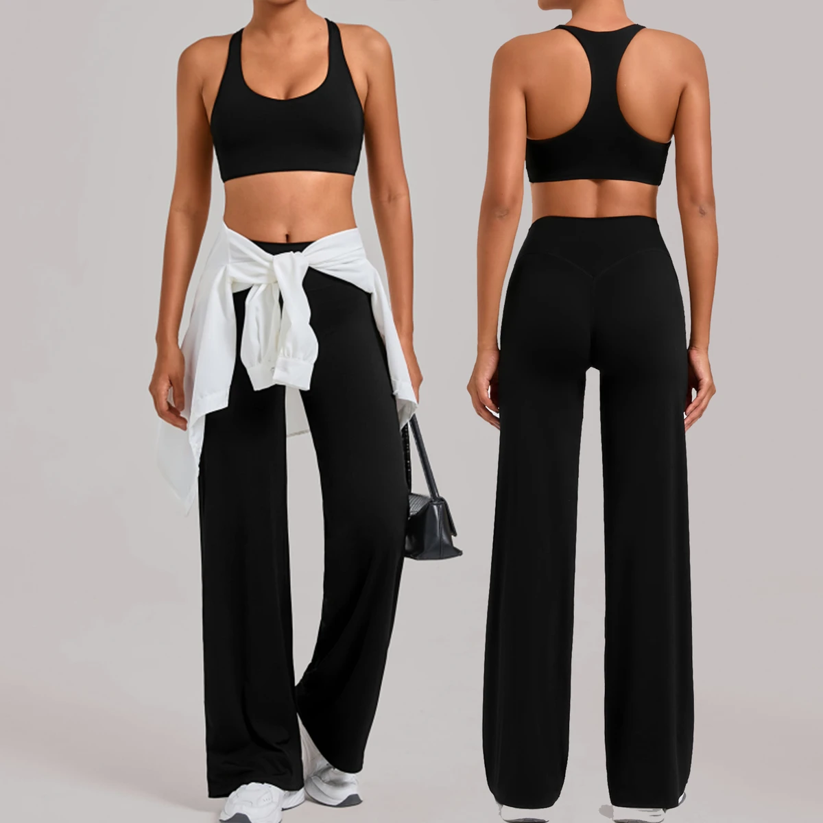 Classic Design Custom logo 2 Pieces Sets Wide Legging V Back Pants and Race Back Sport Bra for Sport Wicking Function