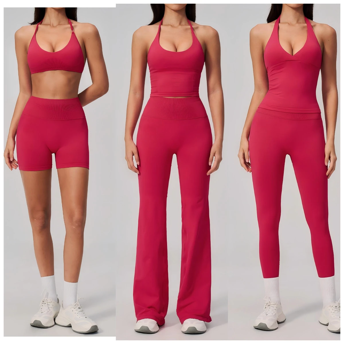 6 Pcs Seamless Halter Bra Deep V Vest Crop Top Flare Pant Legging Shorts Gym Sports Active Wear Workout Yoga Set Clothes Women