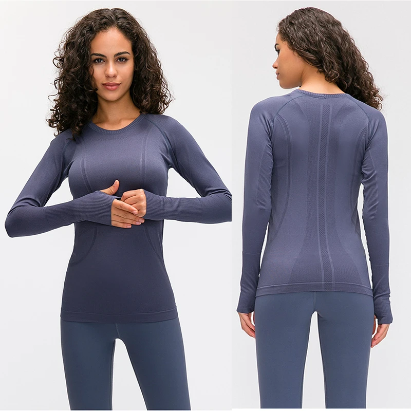 HM-D19083 Lulu Lightweight Eco-Friendly Sportswear Top Long Sleeve Seamless Breathable Four-Way Stretch Yoga Wear Sports Fitness