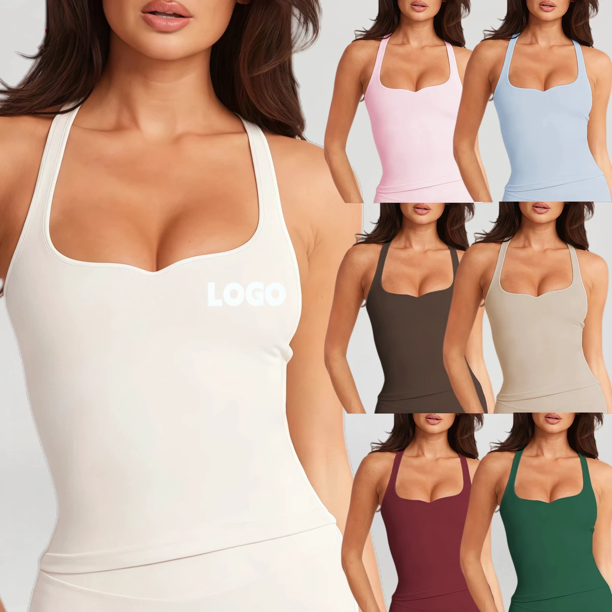 Fashion Women Solid Color Tight Slim Breathable Top With Chest Pad Yoga Sports Training Running Tennis Workout Fitness Vet